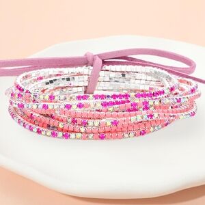 Fuchsia Pink Silver Rhinestone Crystal 12 Pcs Layered Stretch Bracelets Jewelry